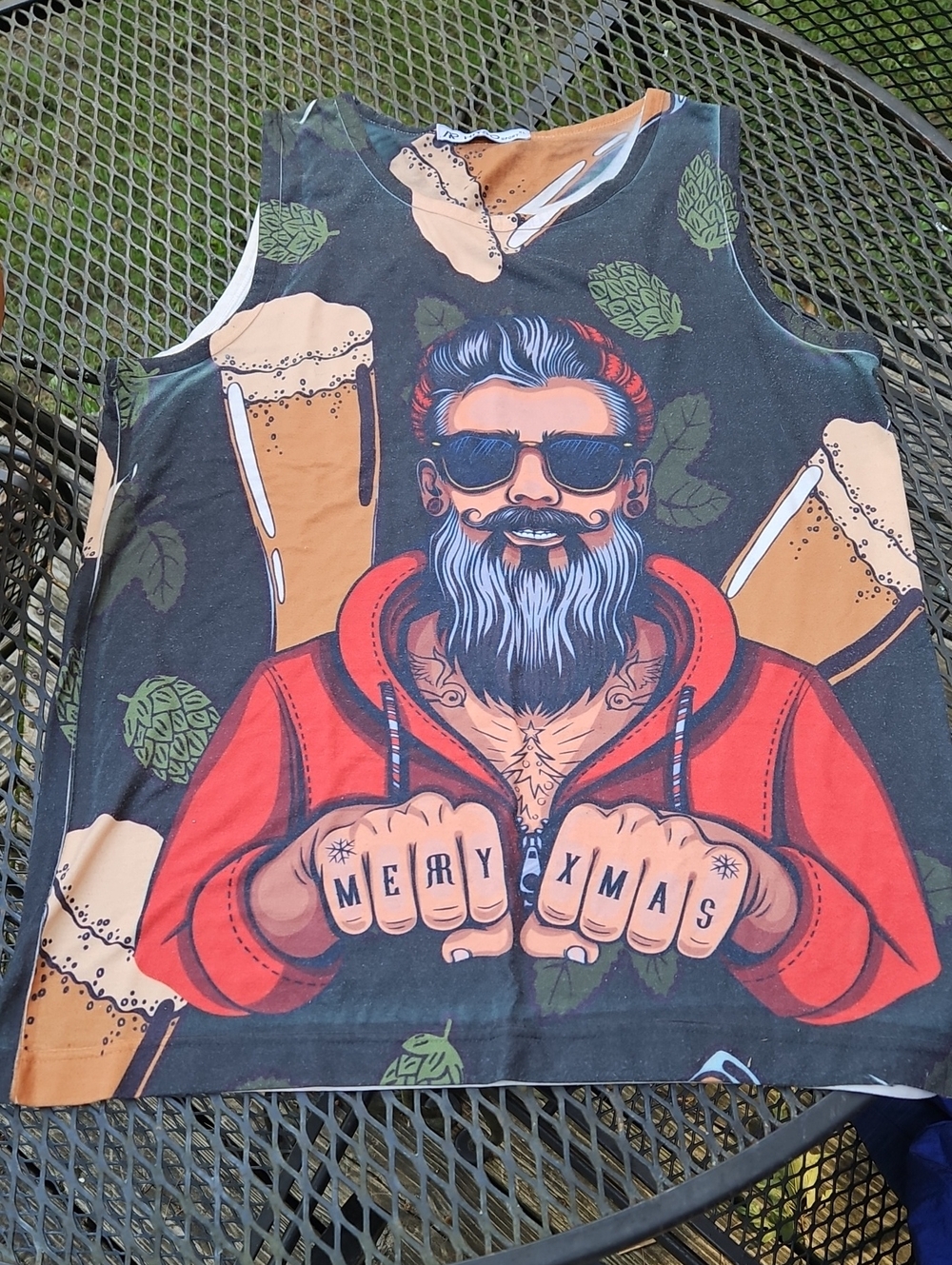 Hipster Tatooed Bearded Man Merry XMAS Graphic Tank Top - Red & Black